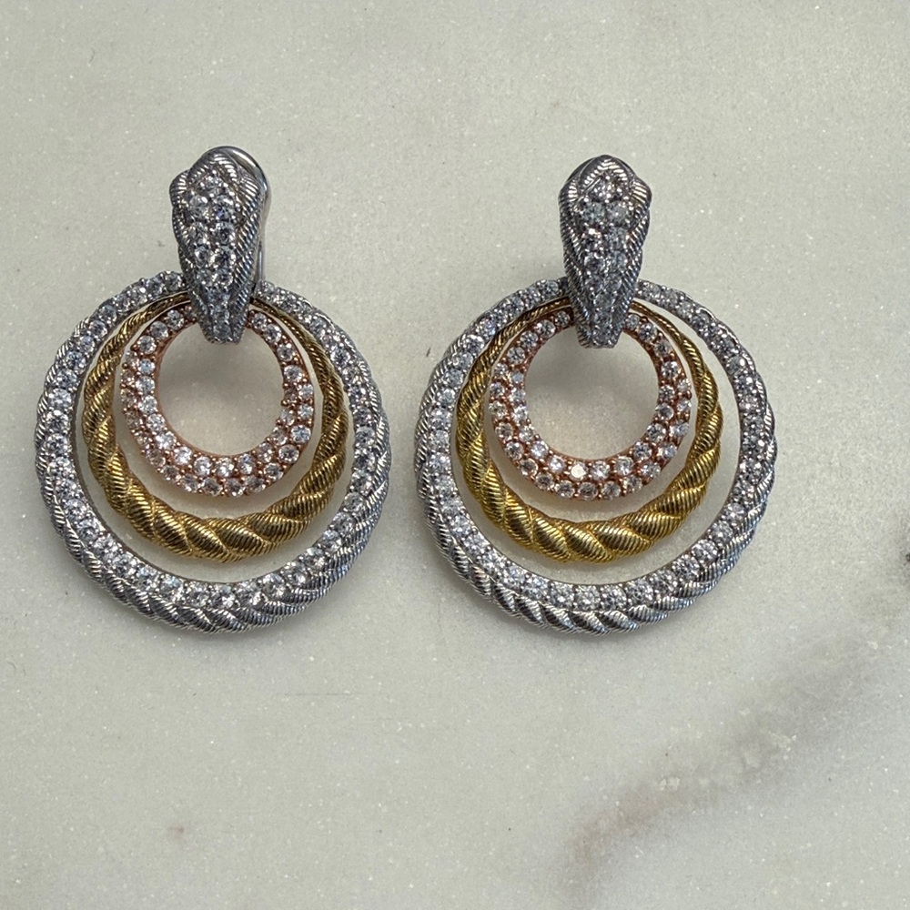 Judith Ripka Sterling Silver Tri-Color Multi-Hoop Door Knocker Earrings CZ